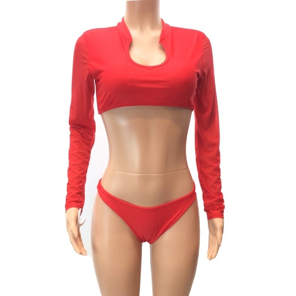 BE WICKED 1980 Cardi Red Long Sleeve Bikini Set - Picture 5 of 12